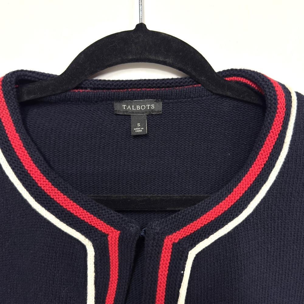 Talbots Cotton Open Cardigan, Sz Small, Navy Red White 3/4 Sleeve Pockets Boxy - Picture 2 of 8